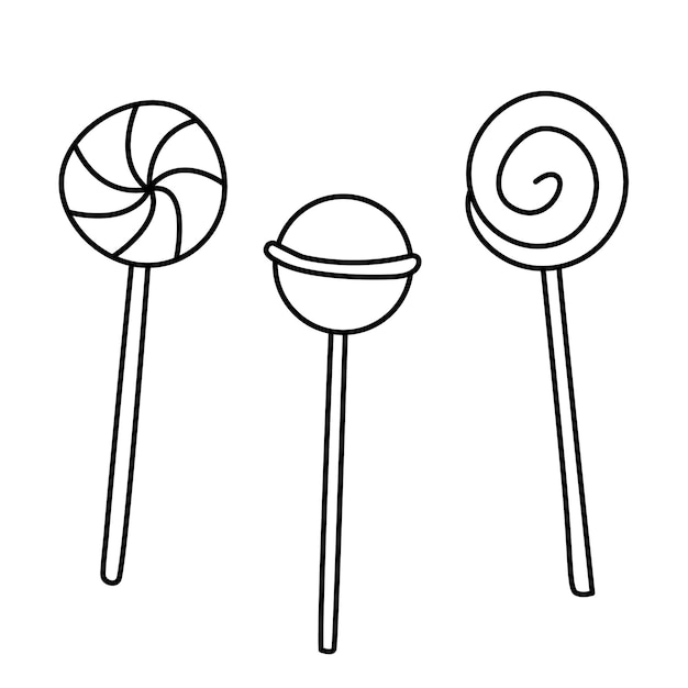 Vettore set di caramelle lecca-lecca contorno nero di illustrazione vettoriale doodle disegnato a mano