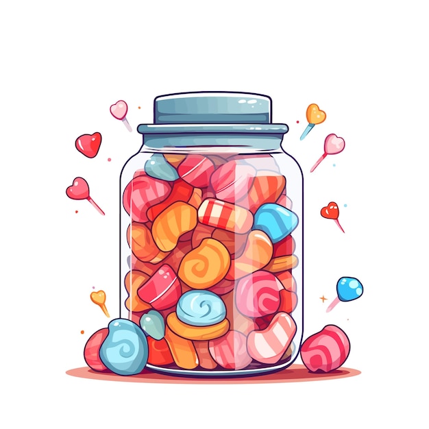 Vector lollipops image glass jar with various lollipops sweet candies in flat design vector illustration