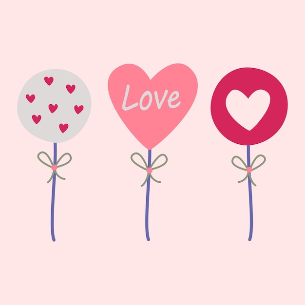 Lollipops on a stick in the shape of hearts. Vector image in boho style. valentine's day. A greeting card with a declaration of love.