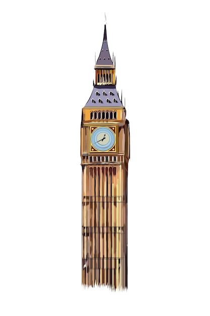 Torre del big ben di londra da vernici multicolori spruzzata di disegno colorato ad acquerello realistico