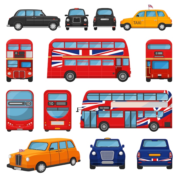 Vector london car vector british cab taxi and uk red bus for transporting in england illustration set of tourism transportation in united kingdom by vehicle or english automobile isolated