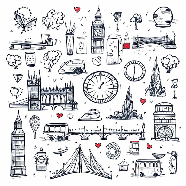 Vector london city doodles set hand drawn sketch