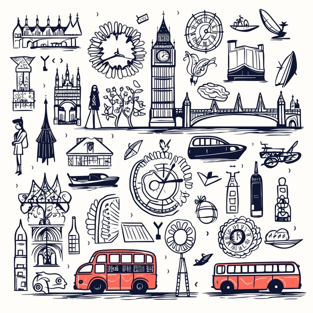 London city doodles set Hand drawn sketch