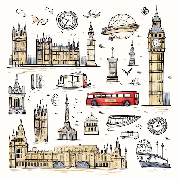 Vector london city doodles set hand drawn sketch