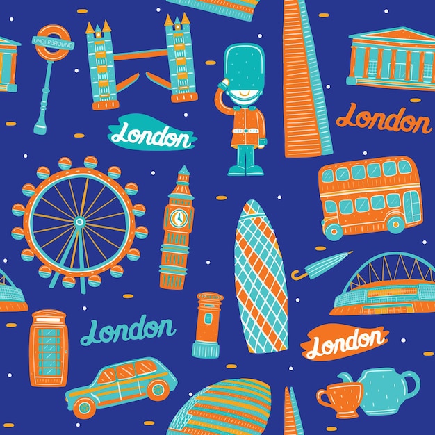 London city seamless pattern with landmarks elements