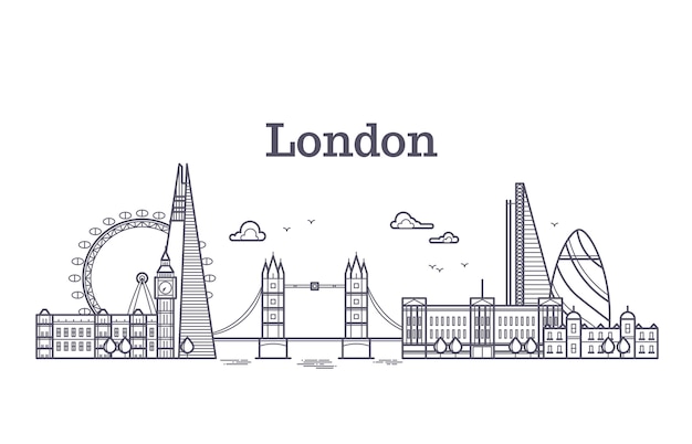 Vector london city skyline with famous buildings, tourism england landmarks outline vector illustration