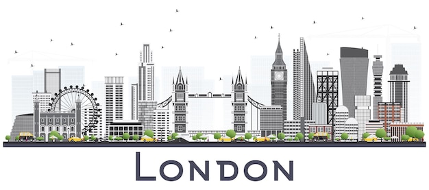 Orizzonte di londra inghilterra con edifici grigi isolati su sfondo bianco. illustrazione di vettore. paesaggio urbano di londra con punti di riferimento.