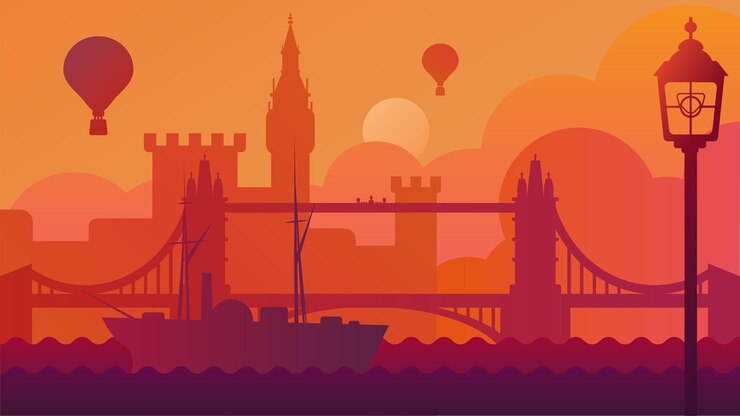 Vector london landscape with building and river vector. boat floating on thames near bridge tower and castle, air balloon flying in sky, great britain capital. city embankment flat cartoon illustration