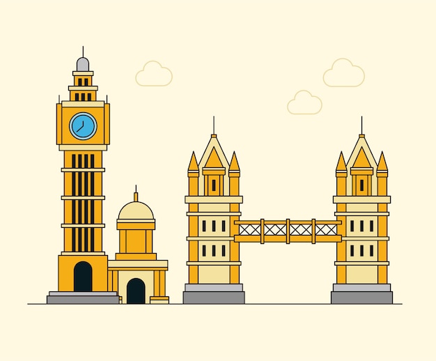 Il big ben di londra, il set di illustrazioni per l'architettura del ponte della città disegno vettoriale disegnato a mano