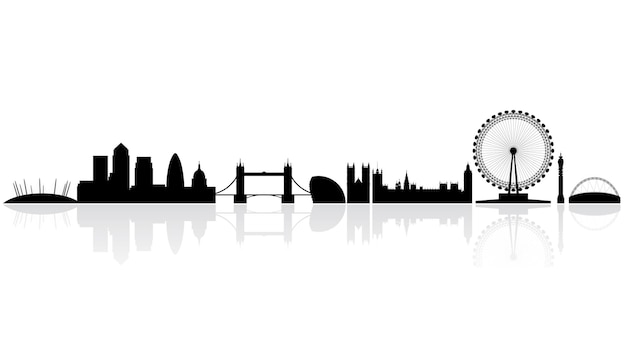 London Skyline Silhouette and Famous Landmarks with Reflections