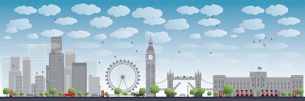 Vector london skyline with skyscrapers and clouds