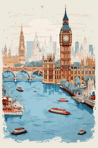 Londons Big Ben and Westminster Bridge Watercolor Illustration