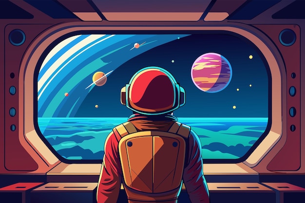 Vector lone astronaut gazing out the window of a spaceship at the vastness of space