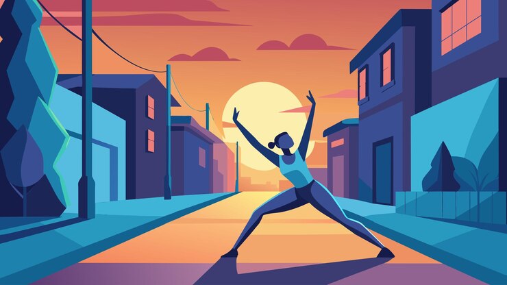 Vector a lone figure practices their morning stretches on a quiet street illuminated by the soft light of
