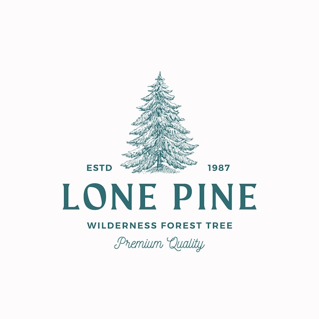 Vector lone pine abstract vector sign, symbol or logo template. hand drawn conifers tree sketch silhouette with retro typography. isolated