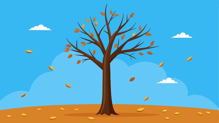 Vector a lone tree standing tall in a field of fallen leaves its branches reaching upwards towards the clear blue sky