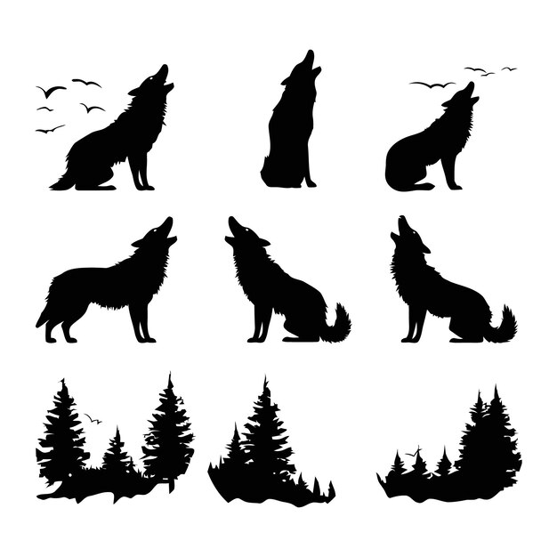 Vector lone wolf howling at the moon silhouette set vector