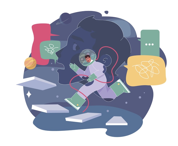 Vector loneliness unhappy person astronaut left alone in space character suffering from solitude modern