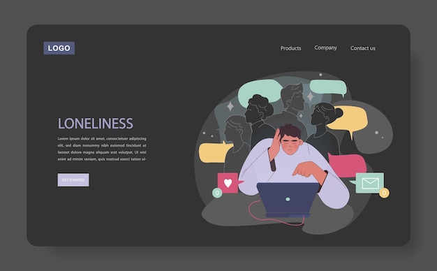 Loneliness web banner or landing page dark or night mode unhappy person astronaut left alone in