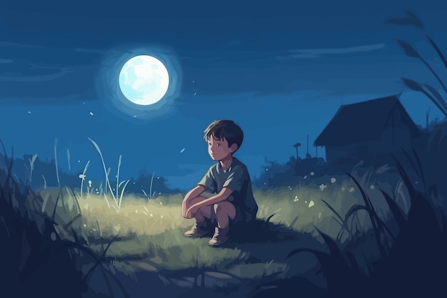 Lonely boy Cartoon blue the boy is on the grass the boy is under the moon the boy is sitting Vector illustration