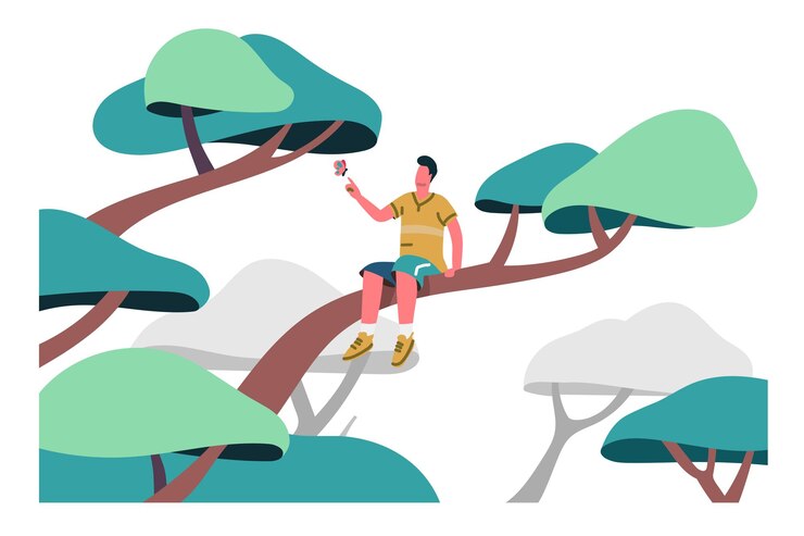 Vector lonely boy plays with butterfly on tree