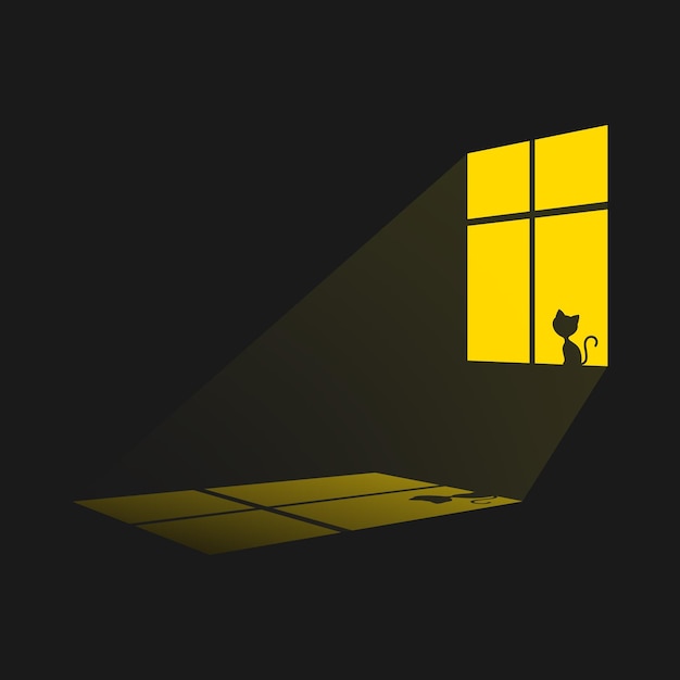 Vector lonely cat silhouette on yellow window