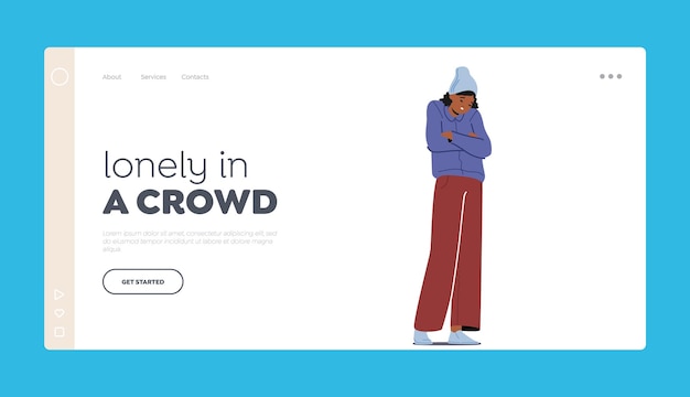 Vector lonely in crowd landing page template loneliness depression stress concept unhappy woman with crossed arms