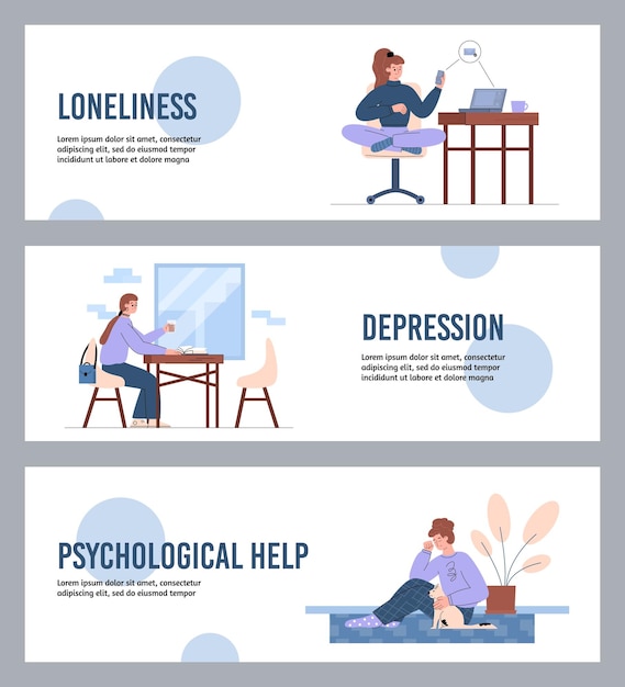 Lonely and depressed woman with mental health problems horizontal banner flat vector illustration