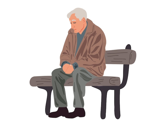 ベクトル ベンチに座っている孤独な年配の男性ノスタルジックな気分のフラットベクトルイラスト