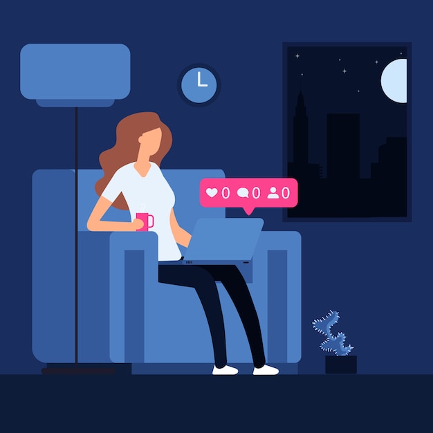 Одинокая девушка ночью с ноутбуком. векторный концепт одиночества