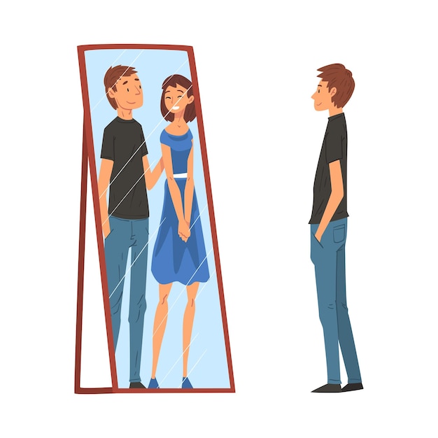 Lonely Guy Standing in Front of Mirror Looking at His Reflection and Imagine Himself With Young Woman Man Seeing Himself Differently in Mirror Vector Illustration