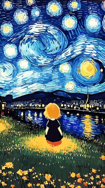 Вектор Одинокая девочка в звездной ночи, картина в стиле ван гога.