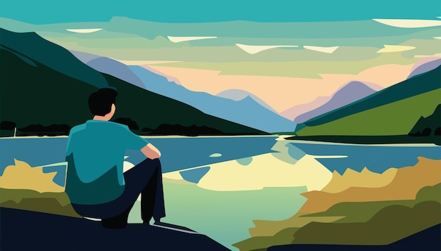 Vector lonely man sitting alone beside a river vector illustration