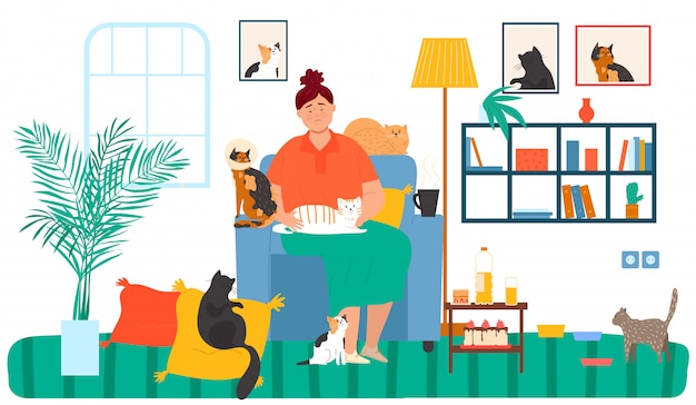 Lonely old lady hugs cats, happiness and domestic pets animals  illustration. Kitty and kitten at home in living room. Comic feline lovers.