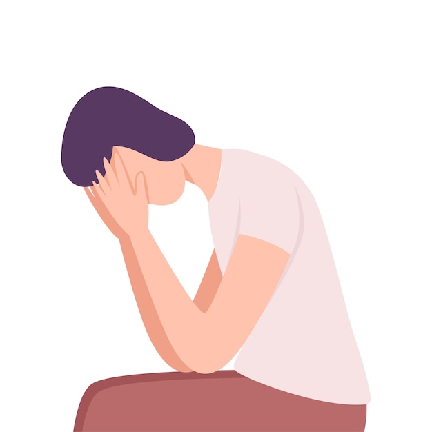 Lonely and sad young man covering face with his hands frustrated guy character flat vector