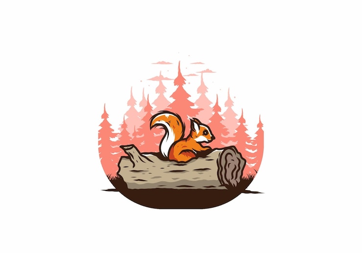 Vector lonely squirrel hiding in a dead tree trunk illustration