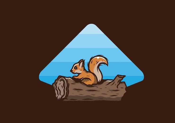 Vector lonely squirrel hiding in a dead tree trunk illustration