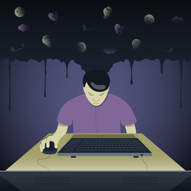 Vector lonely tired depressed man at the computer in the dark mental disorder and anxiety