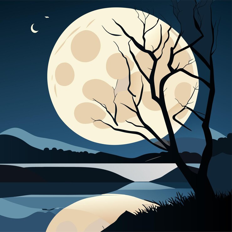 Vector lonely tree in the moonlight with lake