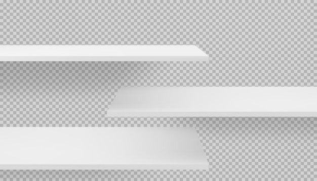 Длинные 3d пустые белые деревянные или пластиковые полки макет на прозрачном фоне с тенями