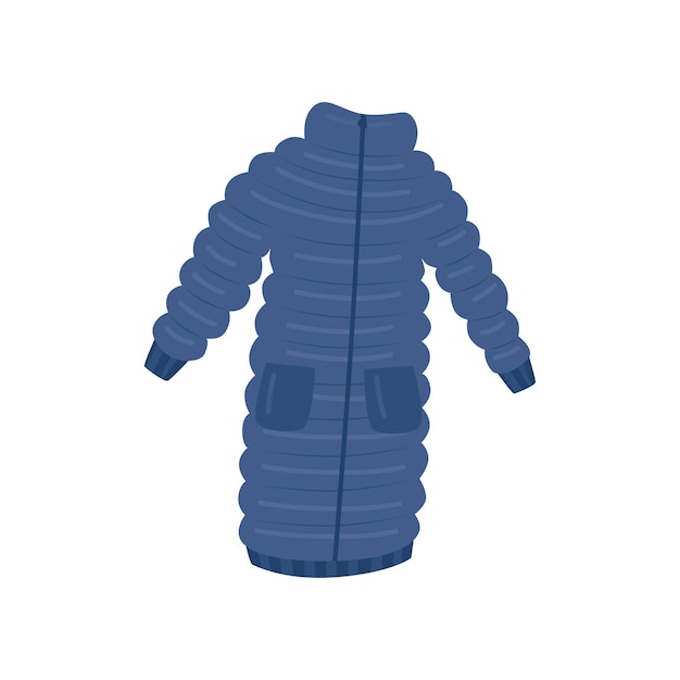Vettore lunga giacca da donna blu con due tasche abbigliamento esterno caldo per la stagione fredda abbigliamento invernale piatto