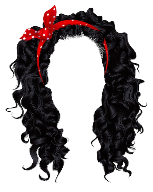 Long curly hairs  brunette black  dark colors  .  beauty fashion style . wig .red bow