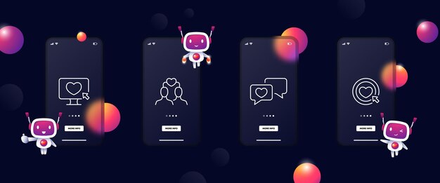 Icona del set di relazioni a lunga distanza app per la data del cuore comunicazione online amore concetto di relazioni schermate delle app del telefono dell'interfaccia utente di glassmorphism con robot icona della linea vettoriale per aziende e pubblicità