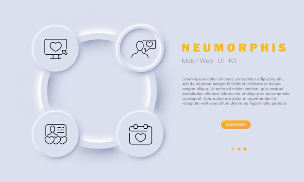 Icona del set di relazioni a lunga distanza app di appuntamenti computer cuore sentimenti discorso bolla partner emozioni calendario data appuntamento questionario concetto di amore neomorfismo icona della linea vettoriale