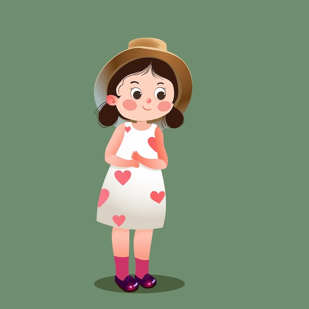 ストローハットをかぶった長いドレスの女の子子供ベクトル童話のキャラクター