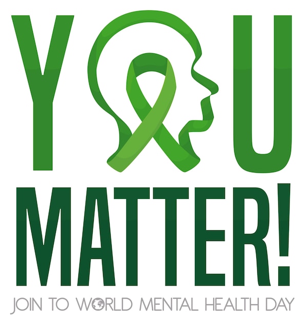 Vector long green ribbon forming a side view head promoting the world mental health day celebration