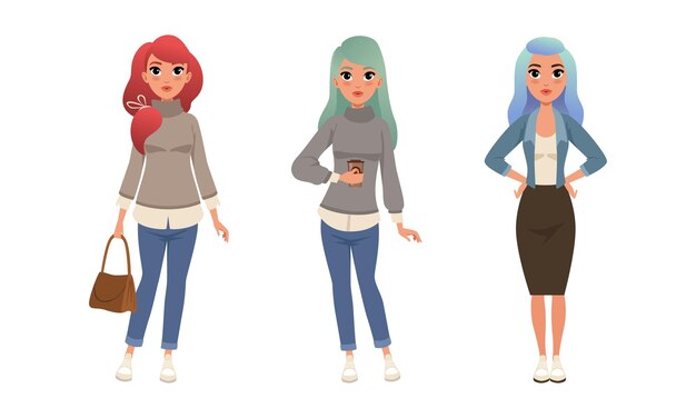 Vector long haired girls wearing stylish casual outfit set beautiful young women dressed trendy clothes flat vector illustration