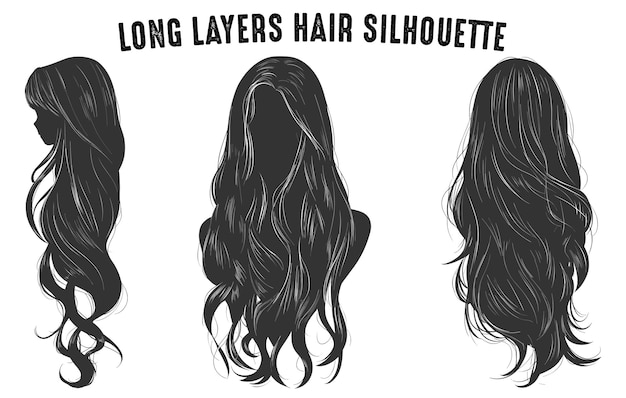 Long Layers Hair Silhouettes Vector set Girl's hairstyles Silhouettes women's hair silhouette