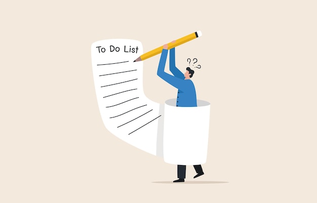 Long to do list Overwhelmed work and responsibility or performance and effectiveness management Businessman holding a big pencil thinking about writing a todo list on paper