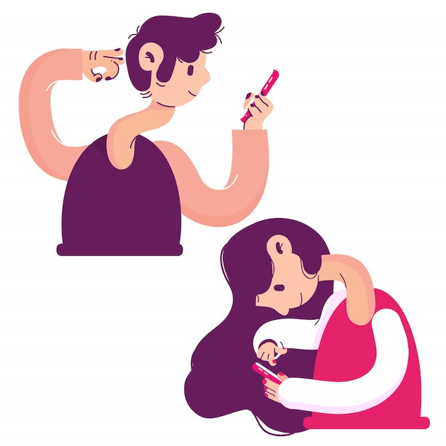 Long neck people using smartphone flat illustration